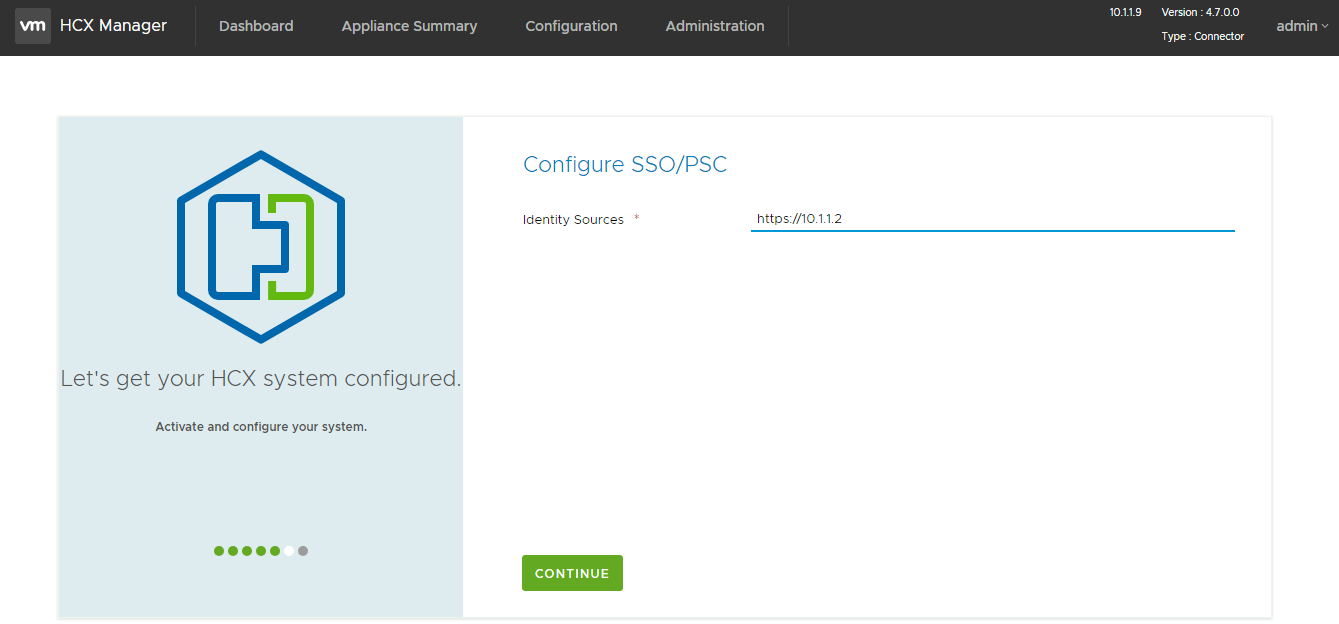 VMware HCX Connector 內部部署的單一登錄與平台服務控制器設定螢幕快照。