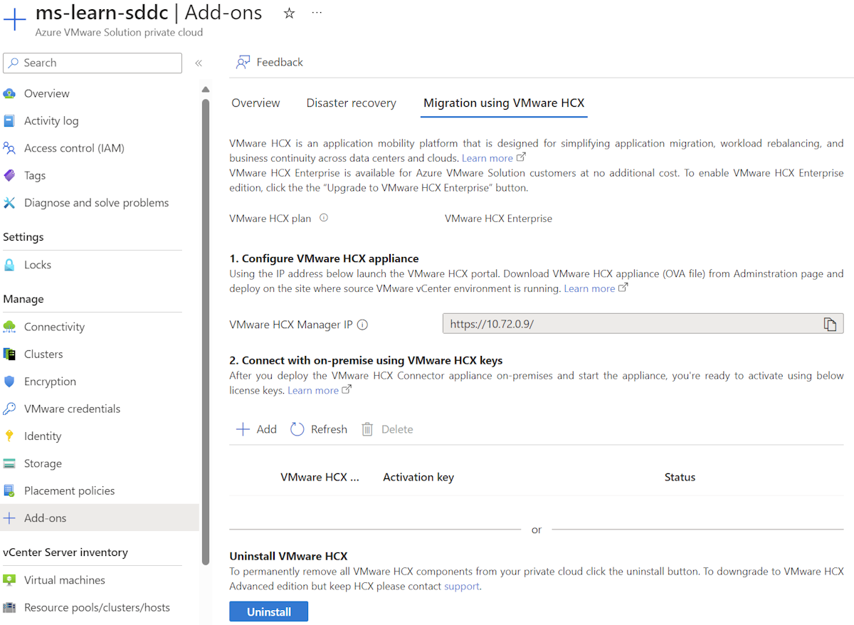 此螢幕快照顯示 VMware HCX 附加元件已啟用,而且在附加元件完成安裝之後,還有更多選項可設定。