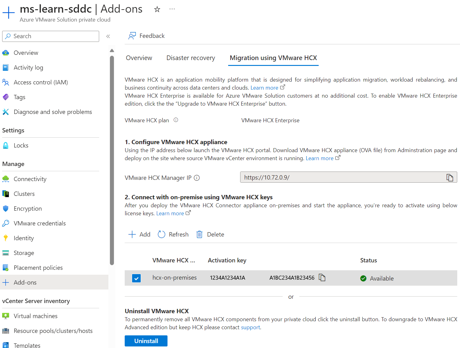 從 Azure 入口網站要求 VMware HCX 進階密鑰之後的螢幕快照。