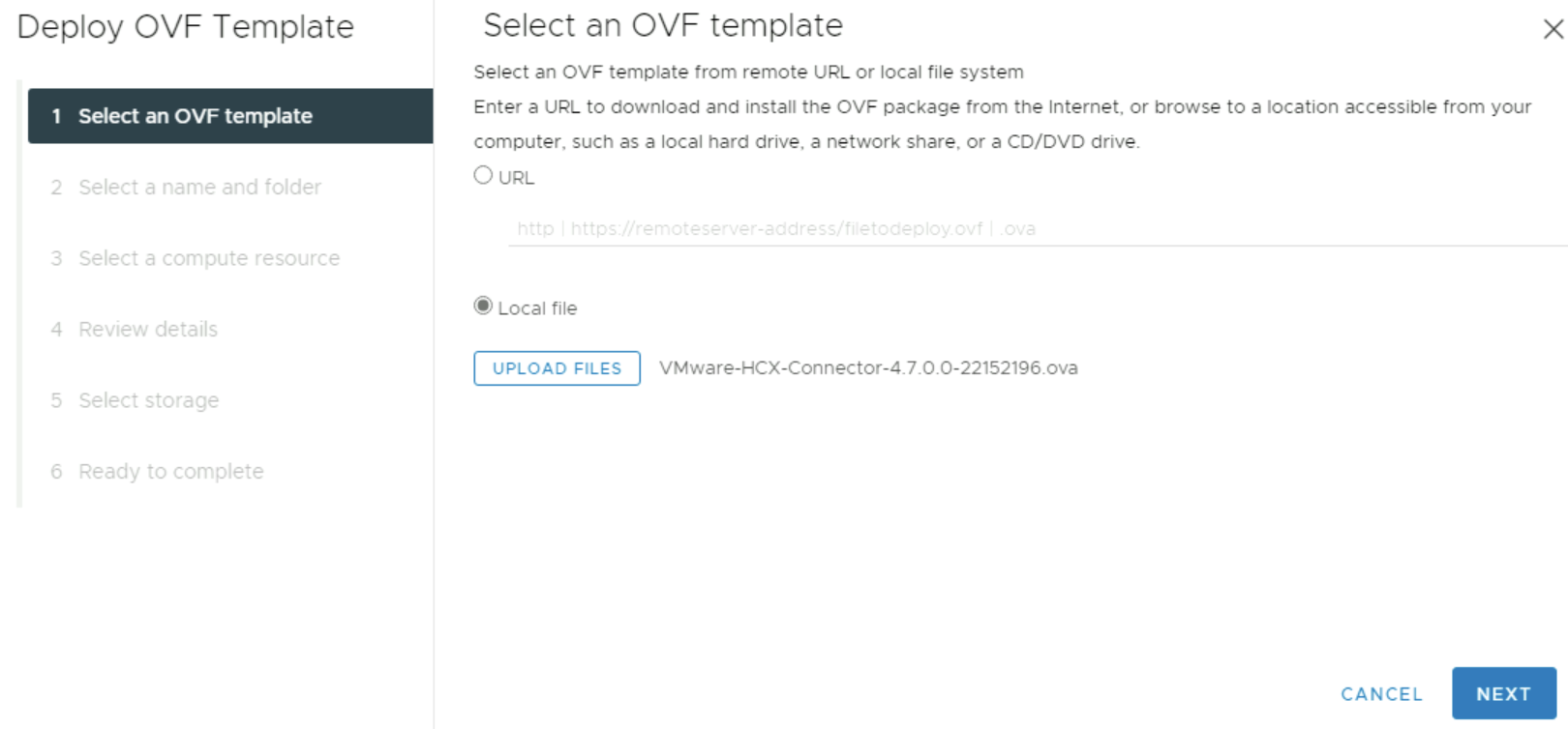 此螢幕快照顯示如何在 vCenter Server 內部部署 VMware HCX Connector 部署期間提示時選取本機檔案。