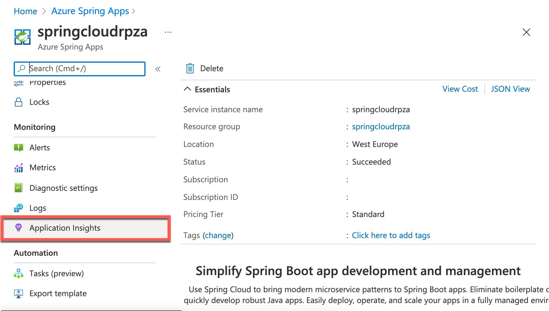 此螢幕擷取畫面顯示您 Spring 應用程式適用的 Application Insights。