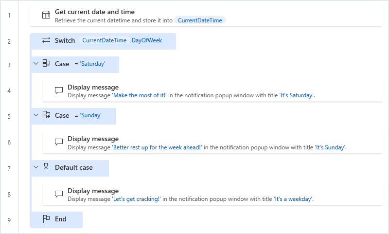 Screenshot of a completed Switch Case and Default case action.