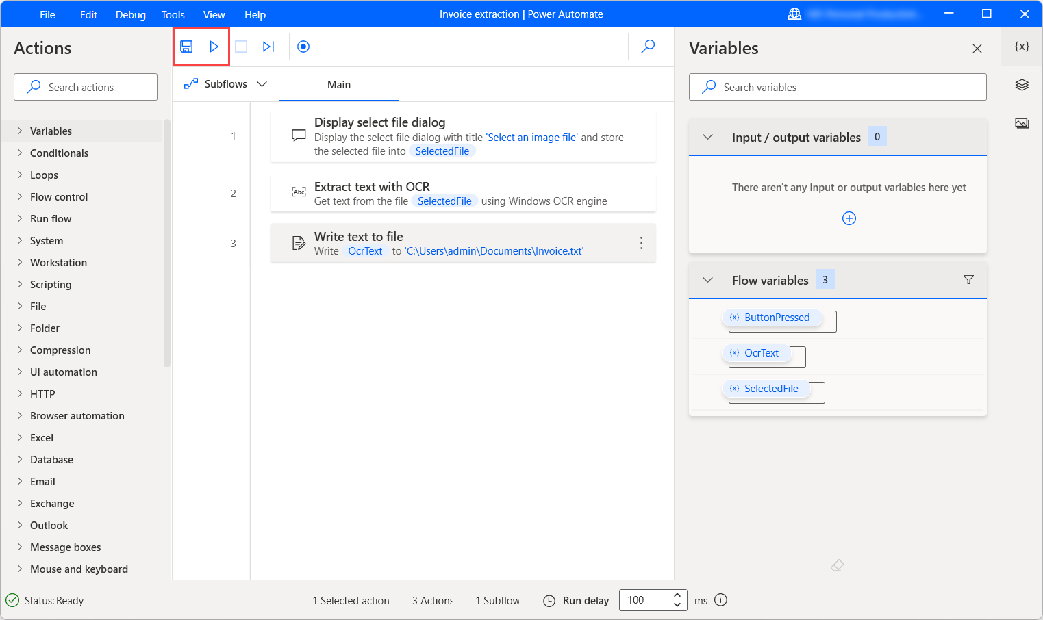 Screenshot of the appropriate buttons in the designer to save and run the final flow.