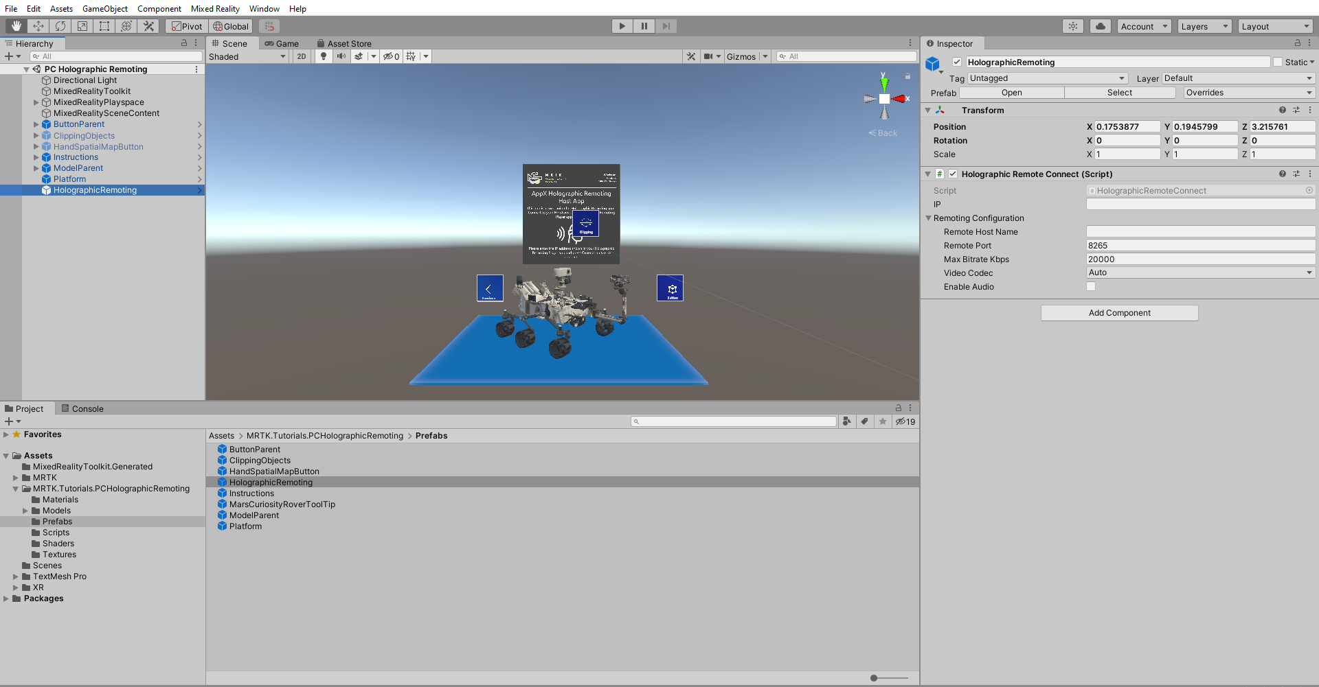 Screenshot of Configuring your scene for Holographic Remoting.