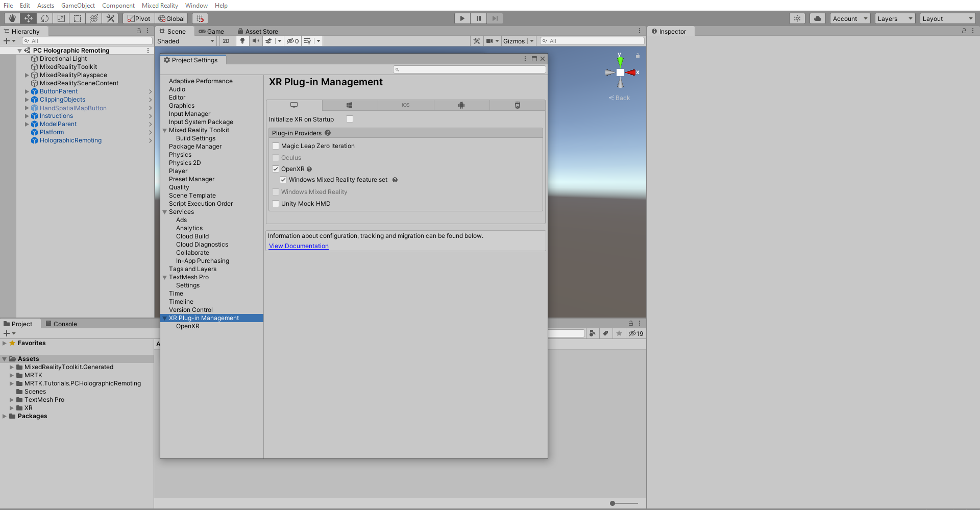 Screenshot of Project settings.