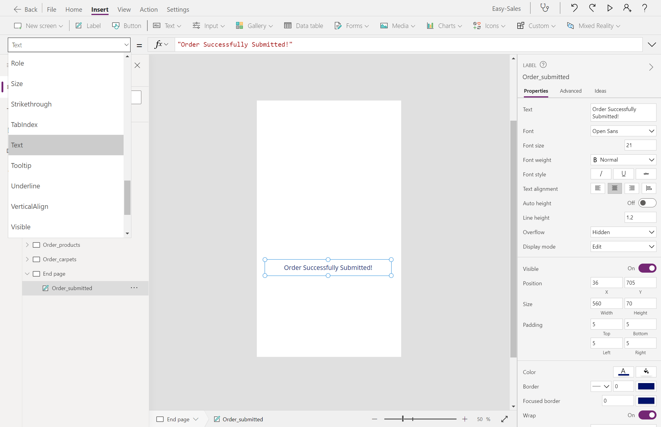 新增「已成功建立訂單」標籤的螢幕擷取畫面。