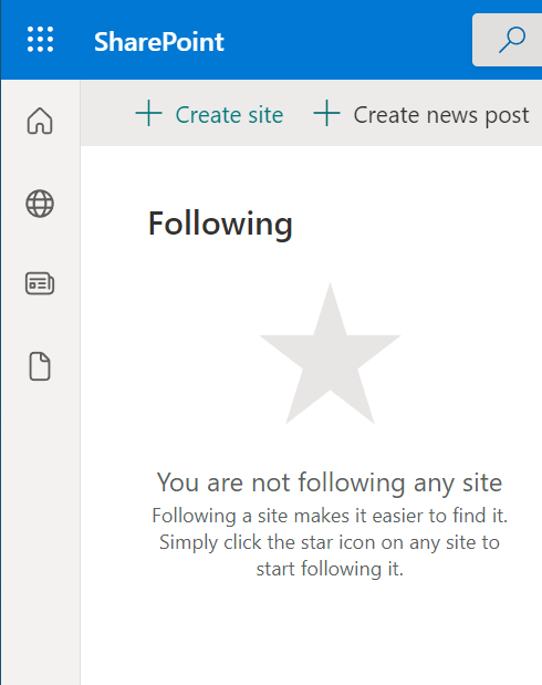顯示在 SharePoint 起始頁面上建立網站的螢幕擷取畫面。
