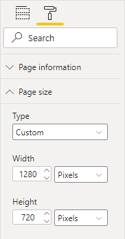 [頁面大小] 區段格式選項的螢幕擷取畫面，其中 [類型] 已設定為 [自訂]，且具有特定寬度和高度像素值。