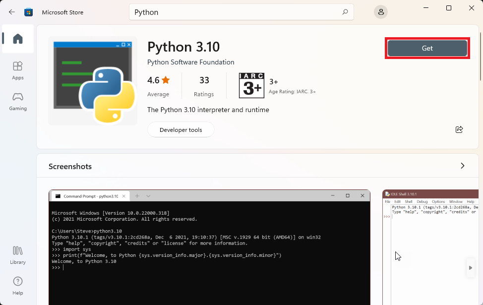 Screenshot of the Python Home tab in the Microsoft Store with Install highlighted.