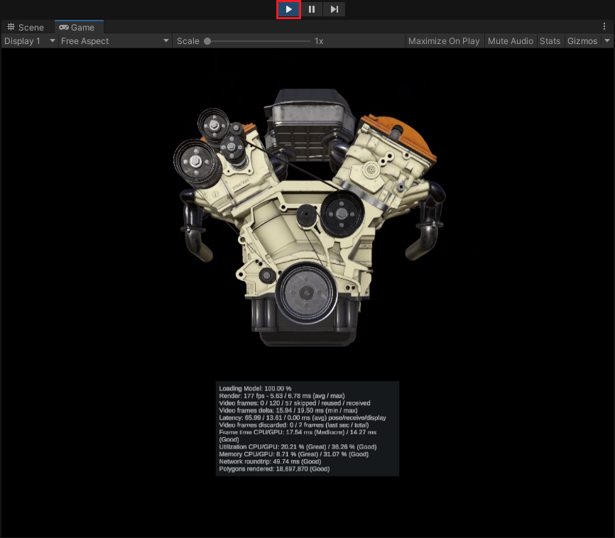 Screenshot of the rendered engine in the Game window.