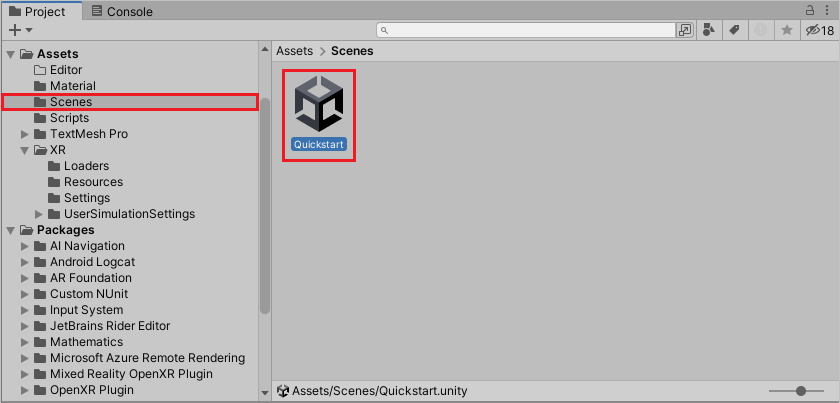 Screenshot of the Project pane with the Quickstart scene selected in the Scenes window.