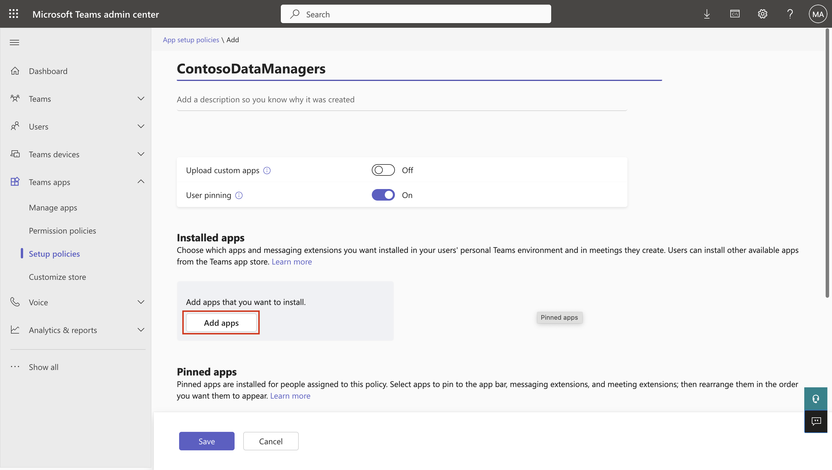Screenshot of assigning apps to app setup policies.