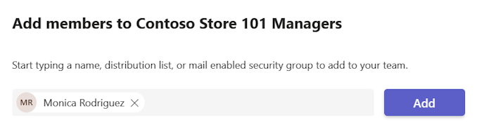 Screenshot of Add members to Contoso Store 101 Managers with Monica added.