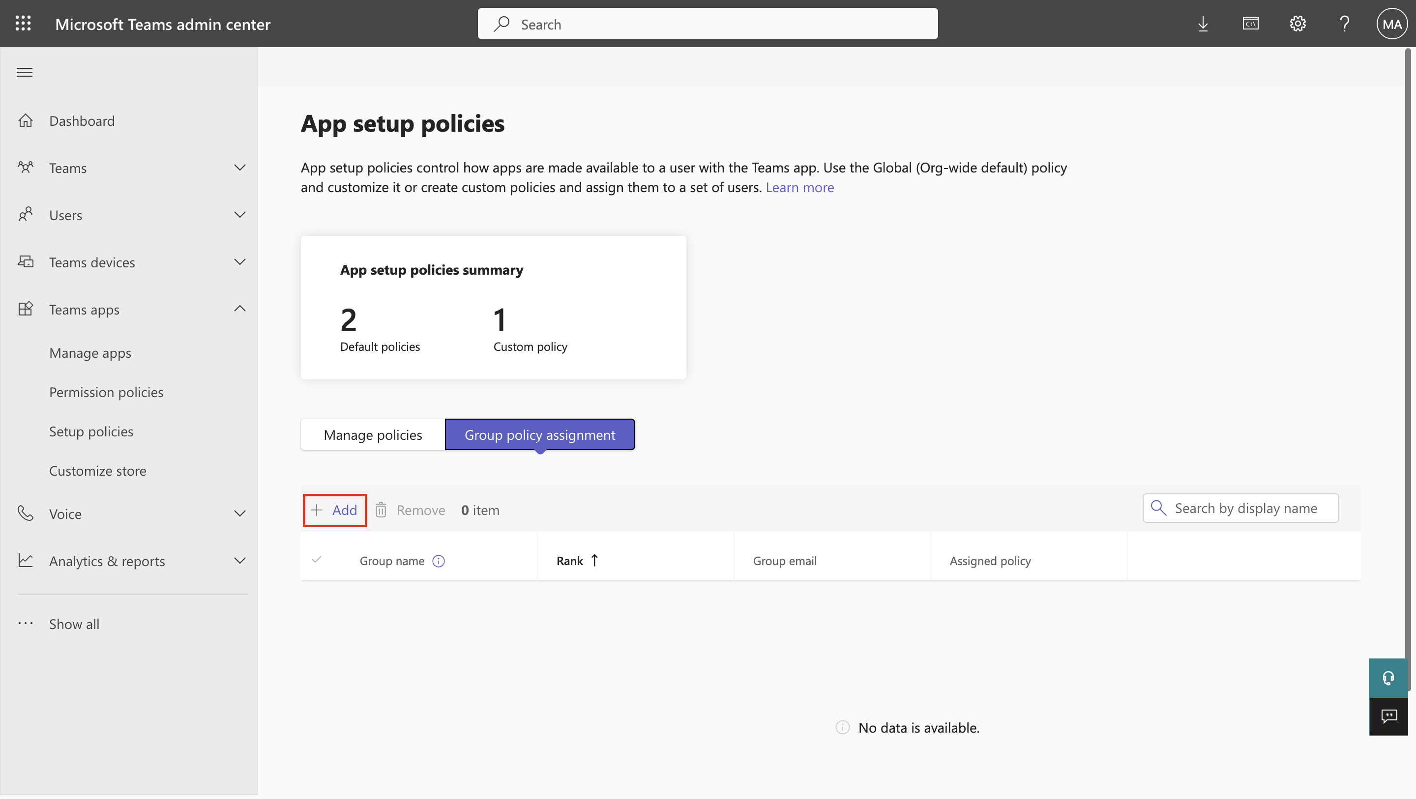 Screenshot of adding policy assignment to group.