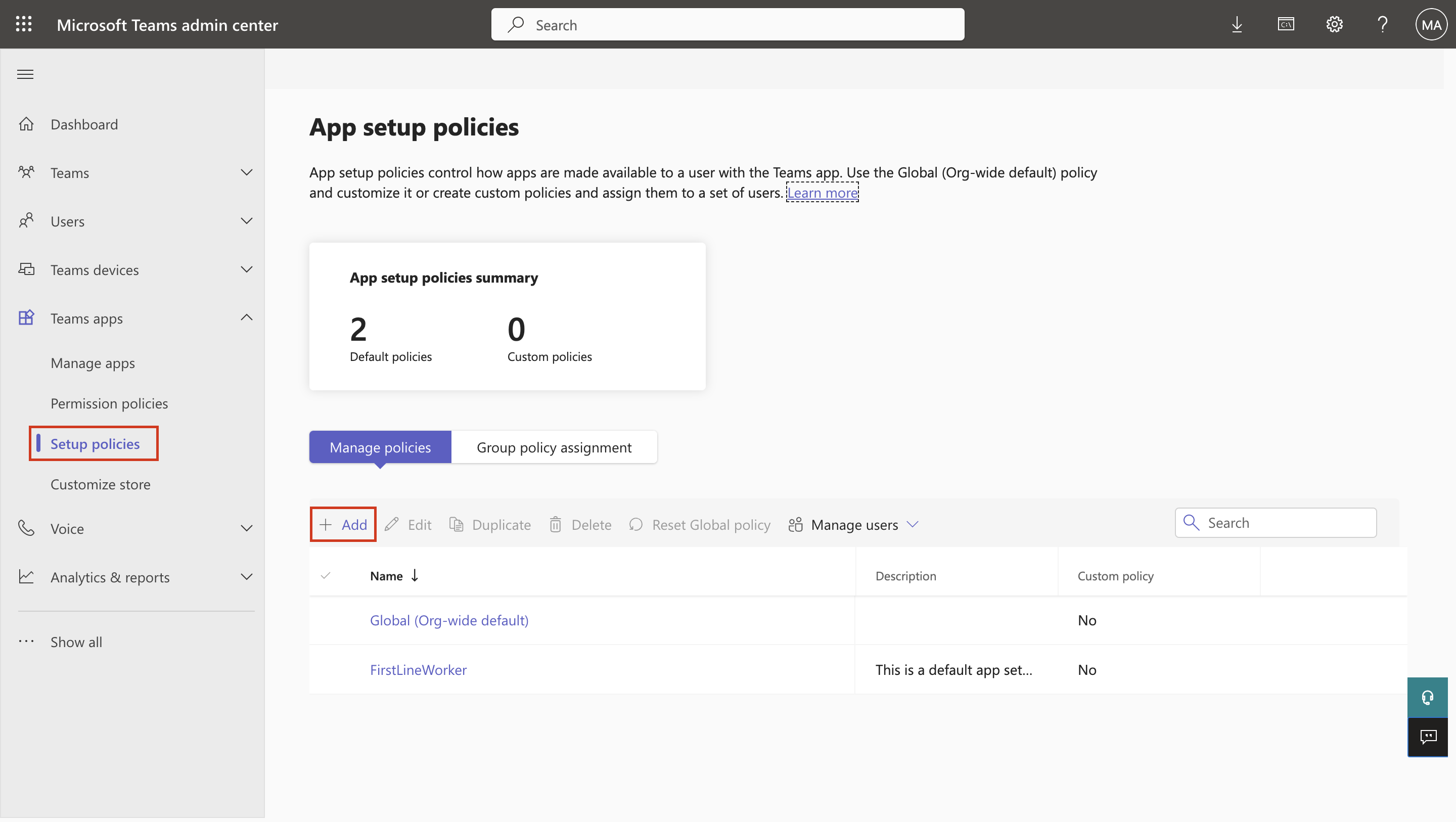 Screenshot of adding app setup policies.
