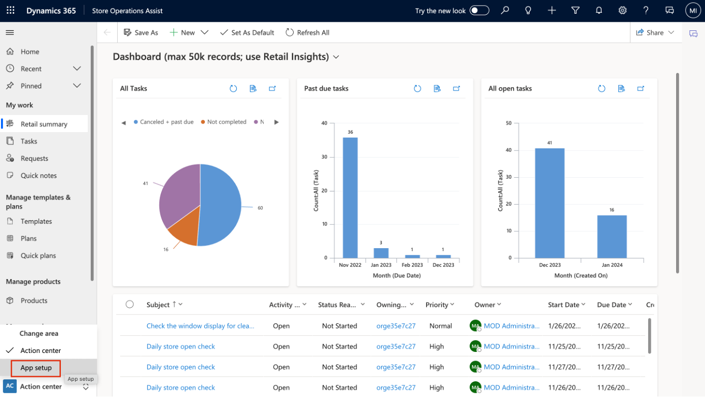 Screenshot of selecting App setup.