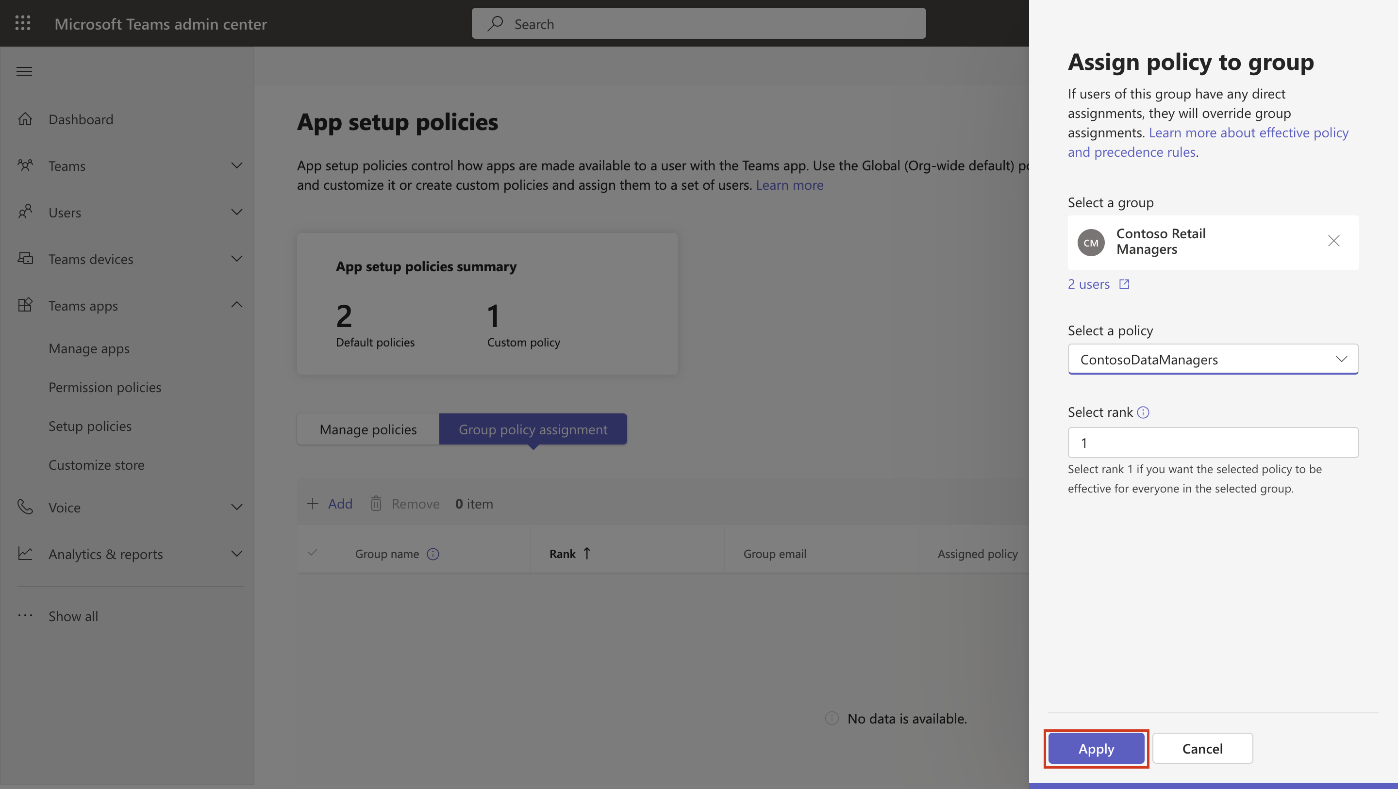 Screenshot of applying policy to group.