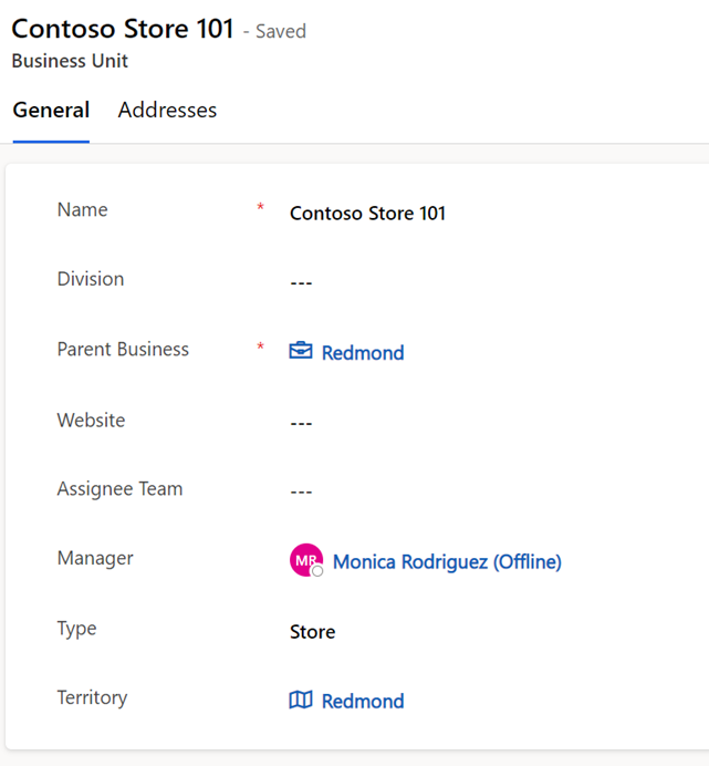Screenshot of the Business Unit dialog showing the Manager field filled in.
