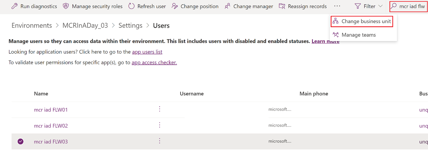 Screenshot of the Users page with focus on the Change business unit button and the search for the user name.