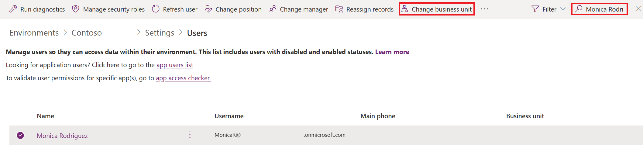 Screenshot of the Users page with focus on the Change business unit button and the search for Monica.