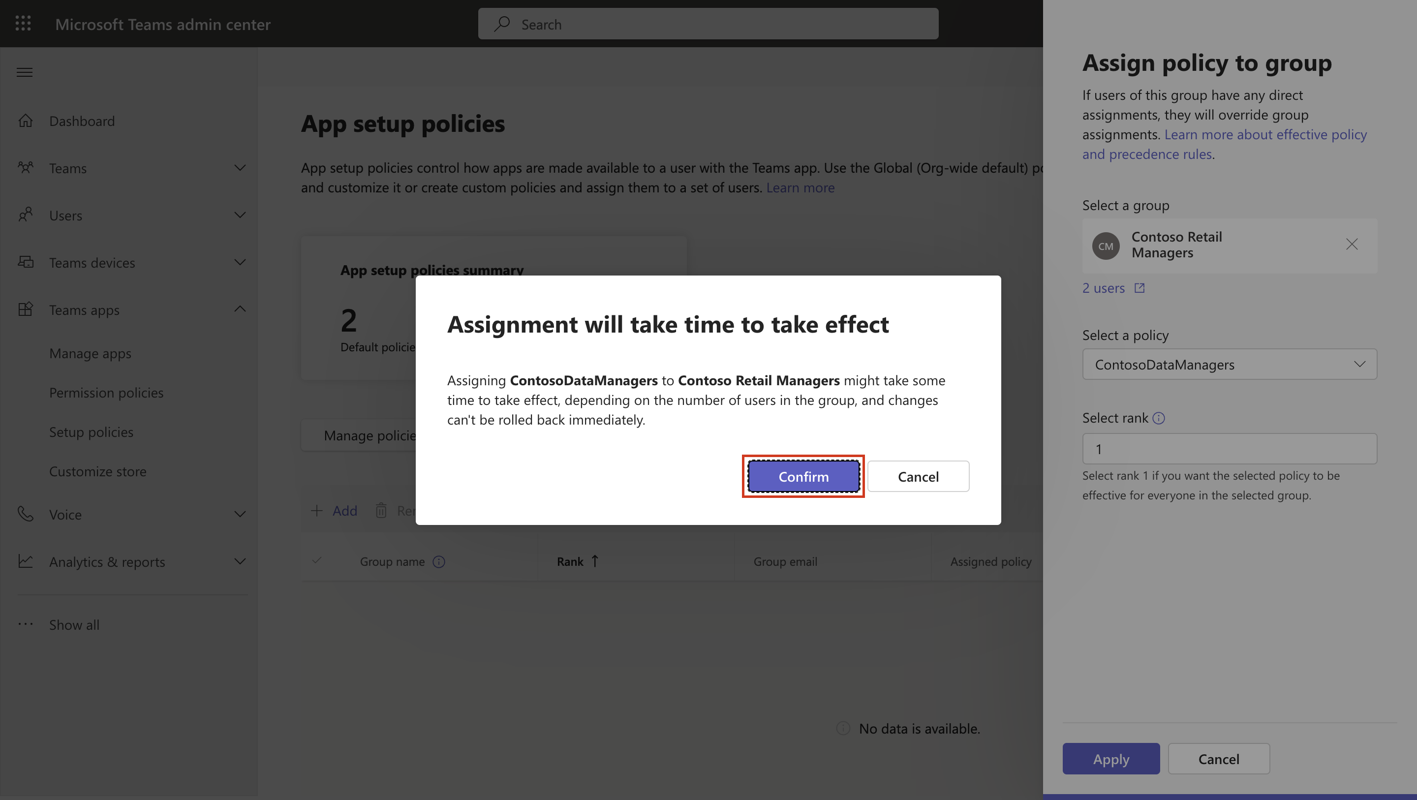 Screenshot of confirming policy assignment.