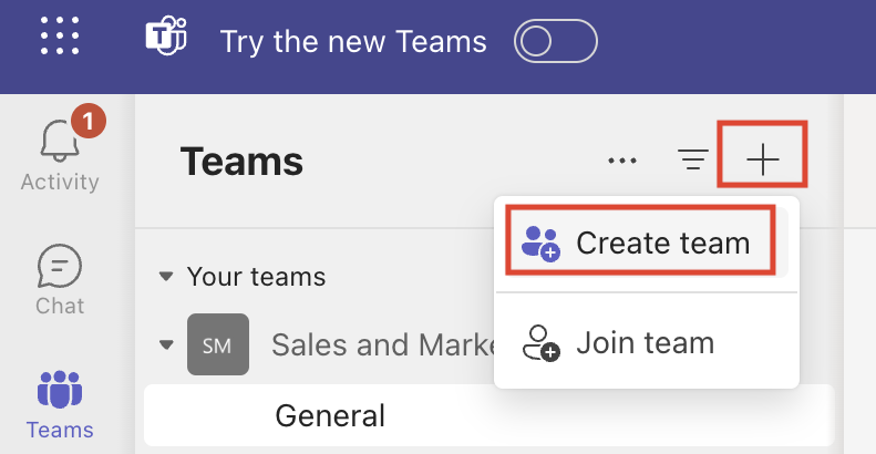 Screenshot of options Join or create a team with focus on the Create team menu.