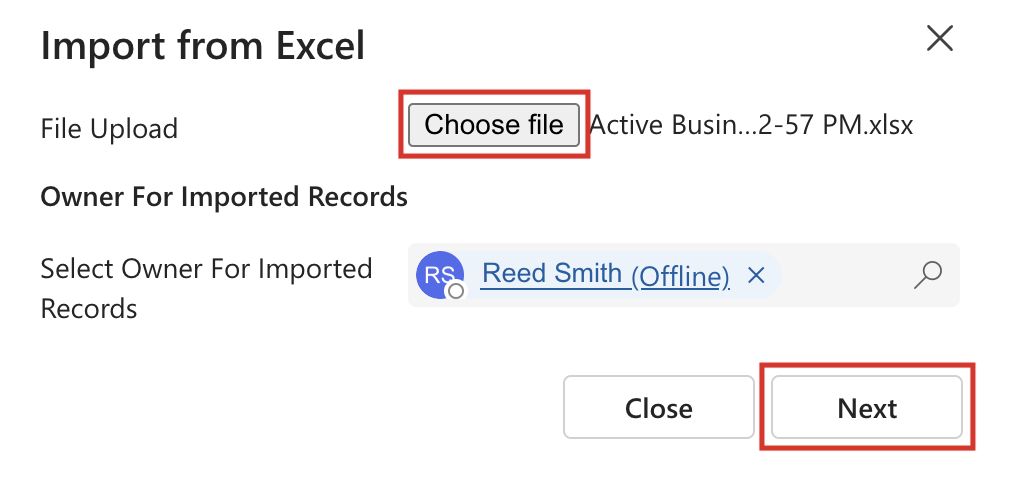 Screenshot of Import from Excel with the File Upload option selected.