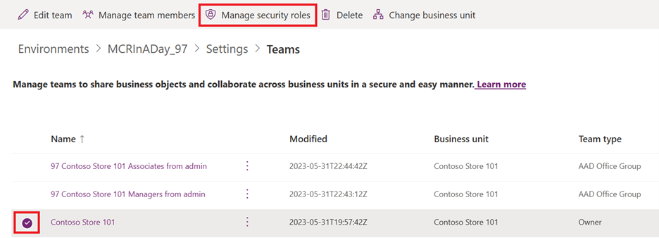 Screenshot of selecting security roles for Contoso.