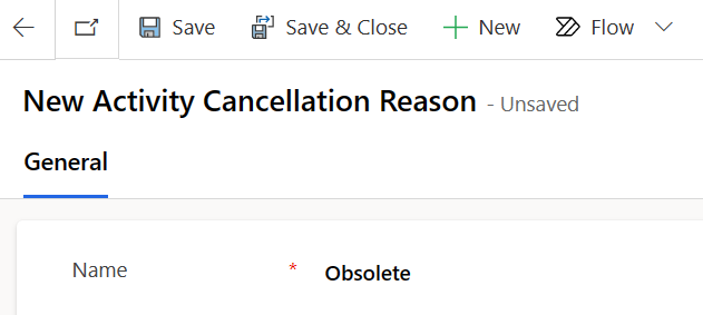 Screenshot of the New Activity Cancellation Reason page showing the Name field set to Obsolete.