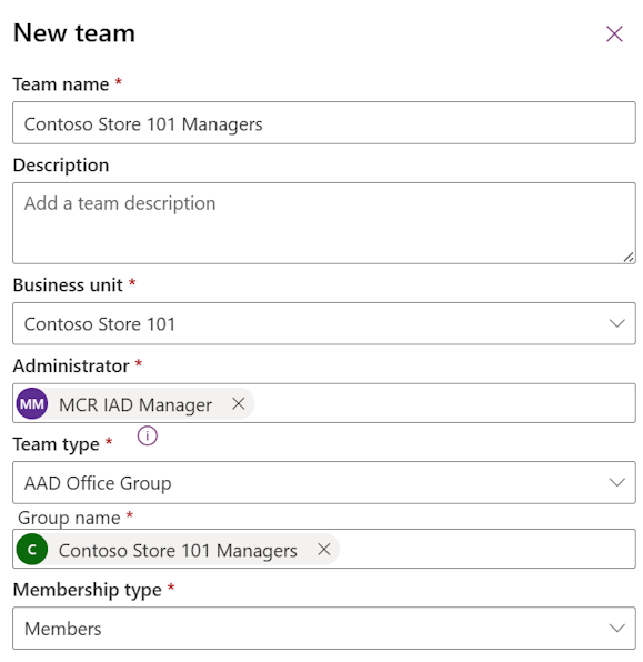 Screenshot of the New team form with all values filled in.