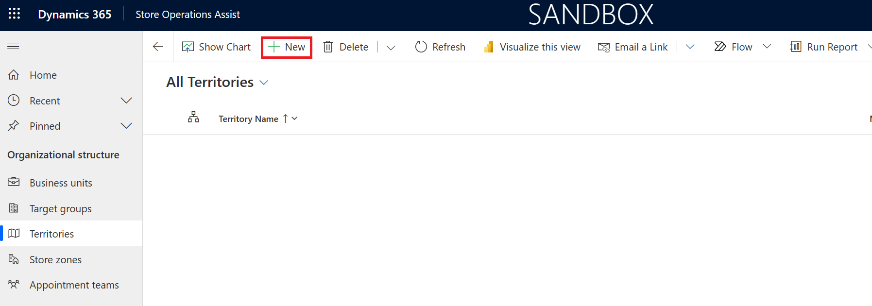 Screenshot of the New button on the All Territories page.