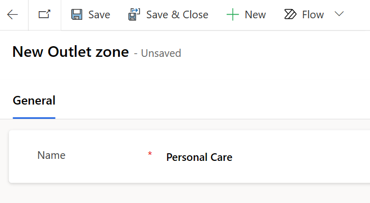 Screenshot of the New Outlet zone page with the name set to Personal Care.