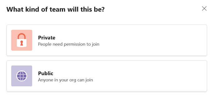 Screenshot of What kind of team will this be with options for Private and Public.