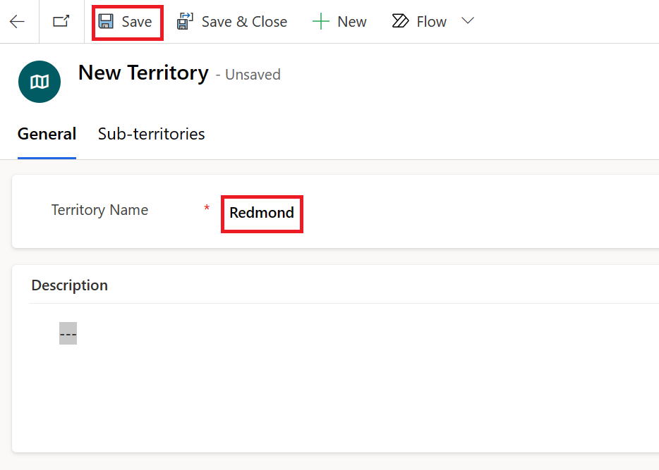 Screenshot of Redmond entered as the territory name.