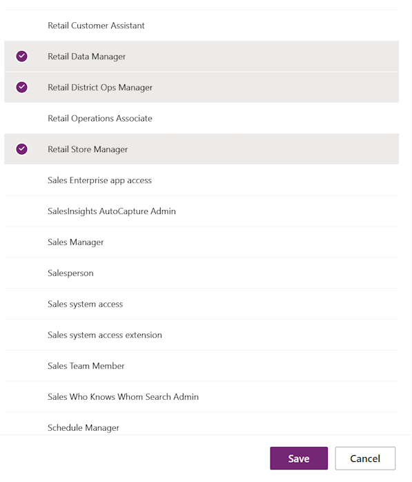 Screenshot of the selected roles.