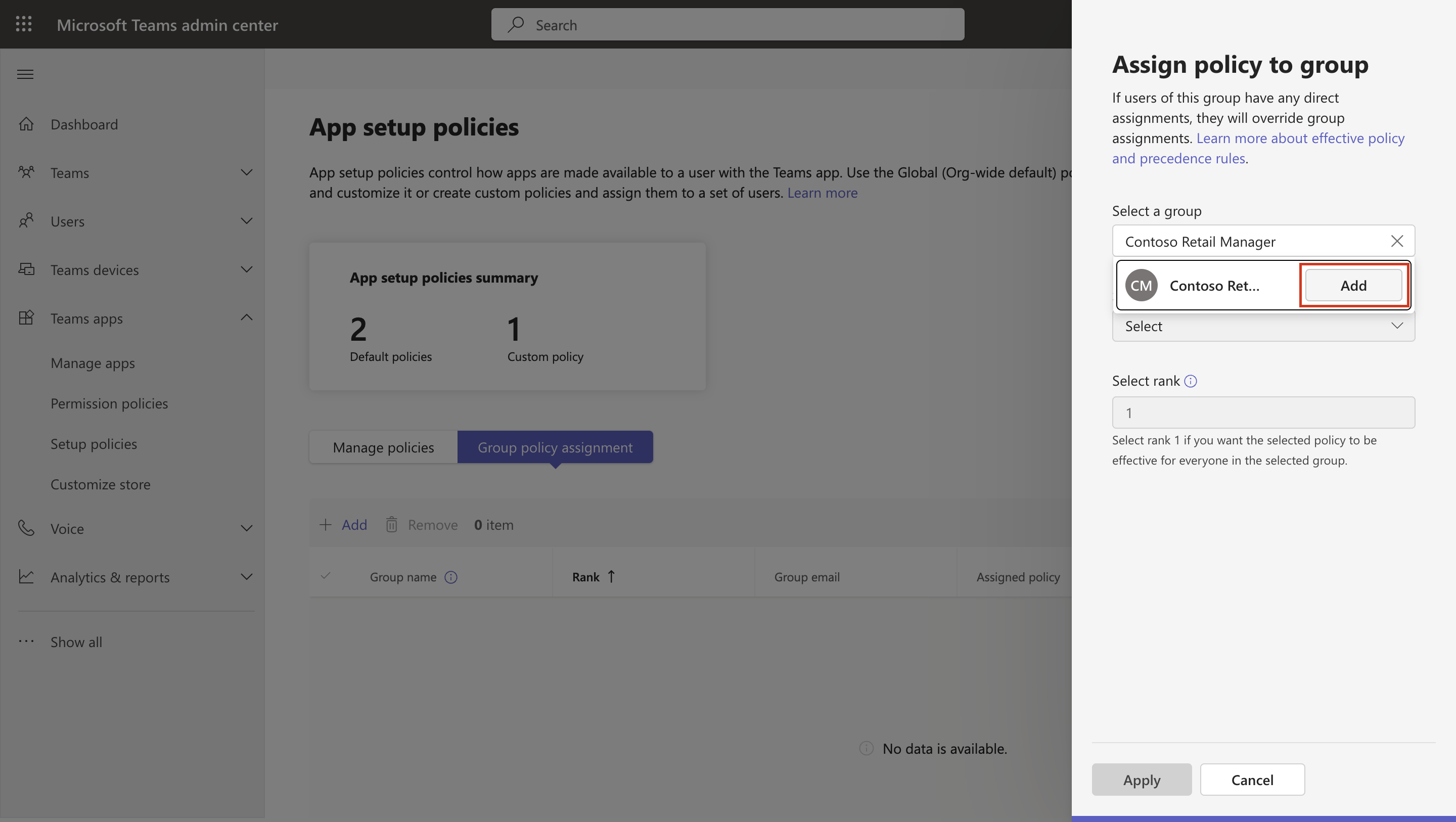 Screenshot of selecting group to apply policy.