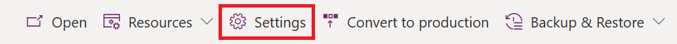 Screenshot of the command bar with focus on the Settings command.