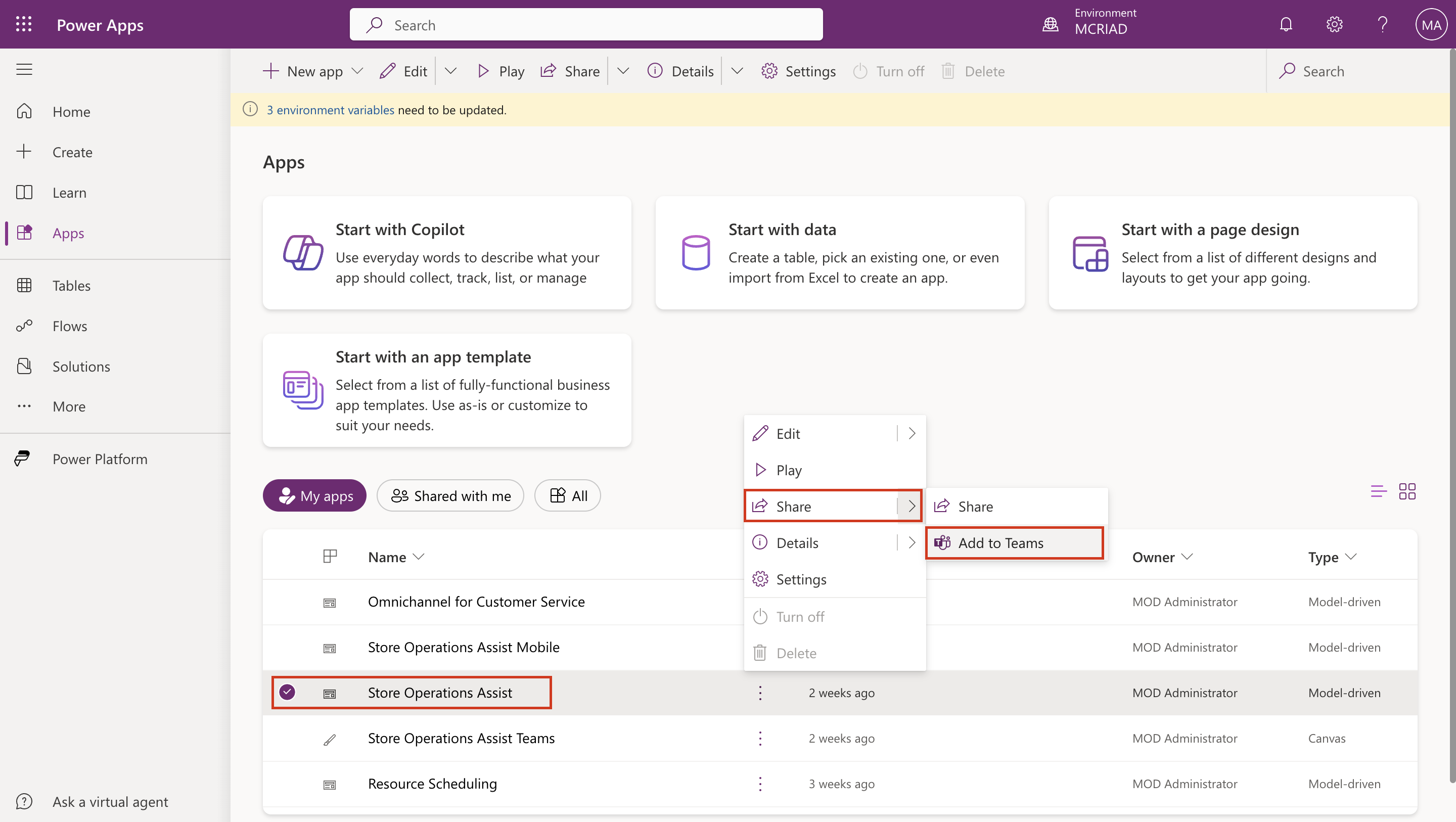 Screenshot of sharing a new app to Teams.
