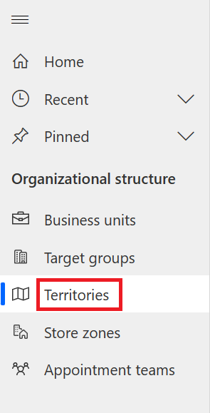 Screenshot of the navigation pane with Territories selected.
