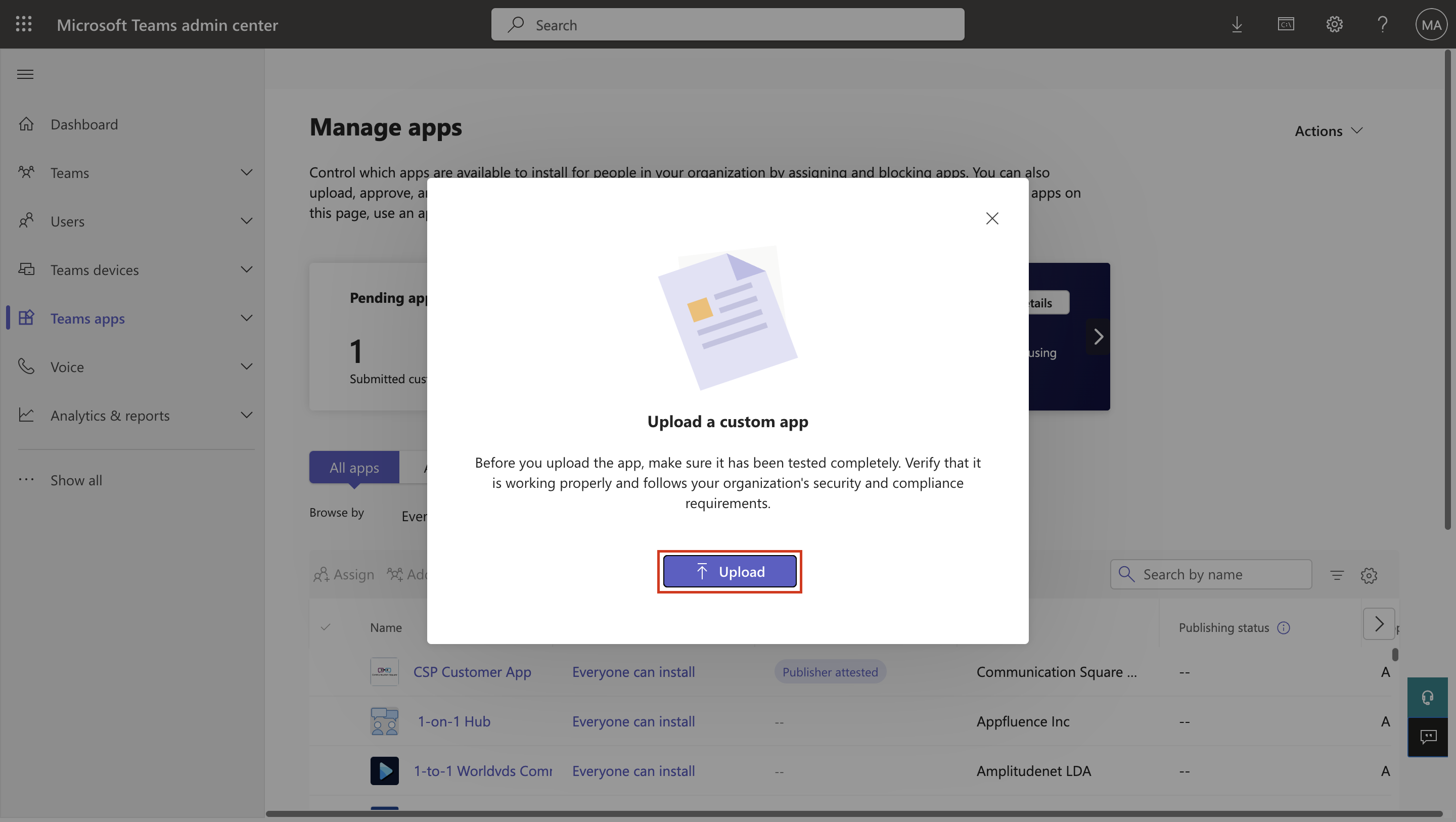 Screenshot of the popup window confirming upload of the Store operations zip file.
