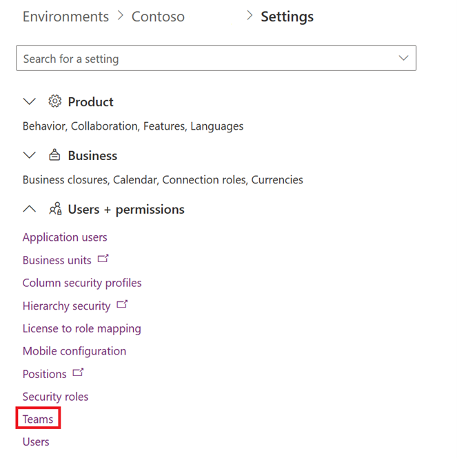 Screenshot of the Users and permissions and Teams options selected.