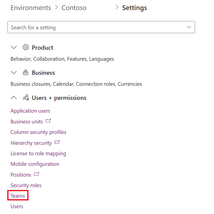 Screenshot of Users and permissions expanded with focus on Teams.