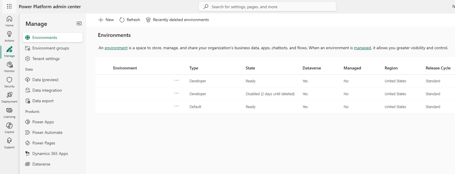 Screenshot of Microsoft Power Platform Admin Center displaying a list of environments including Fundraiser and Contoso (default).