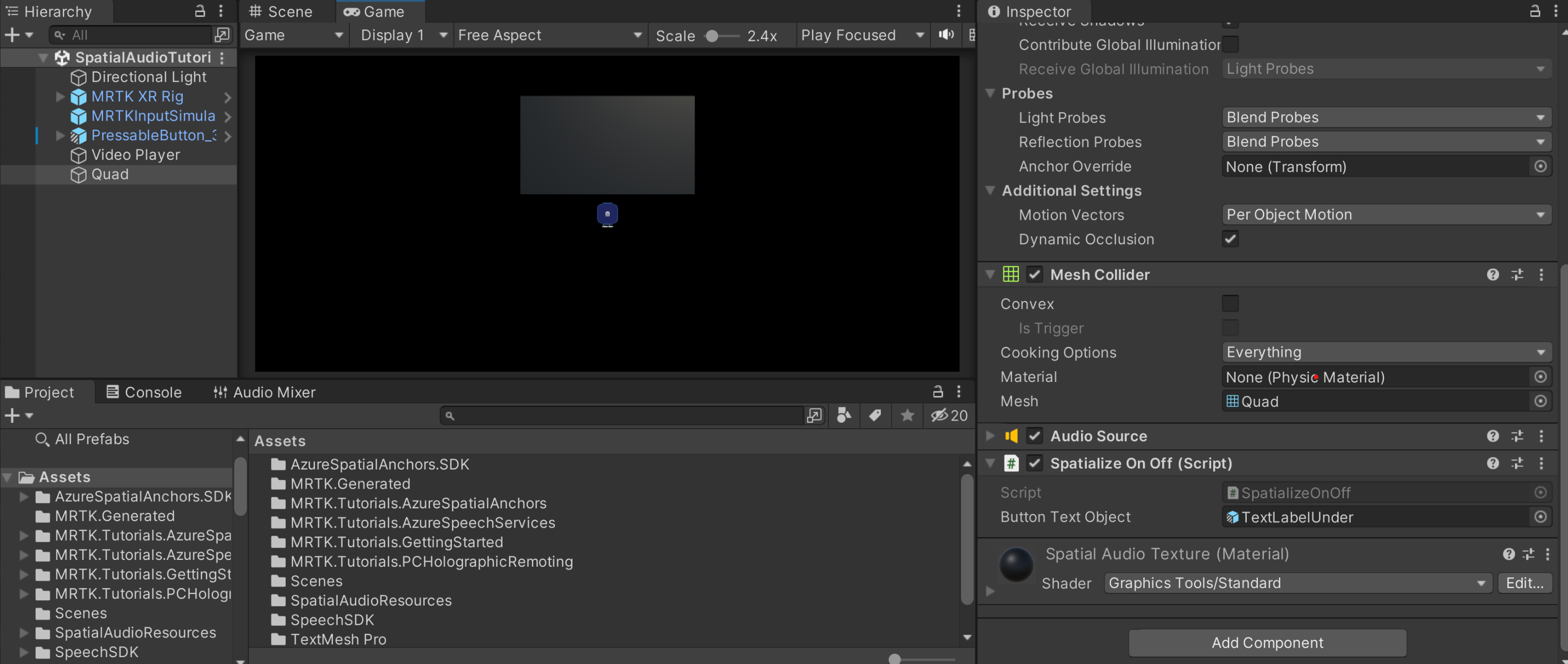 使用 SpatialierOnOff 元件在階層中尋找 Quad 物件的螢幕快照。