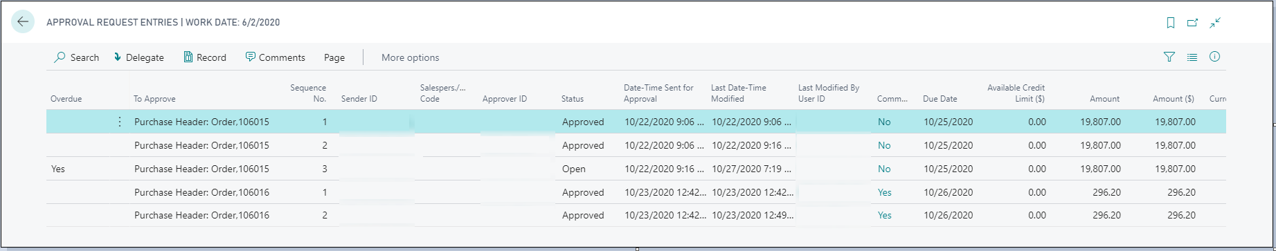 Screenshot of the Approval Request Entries page.