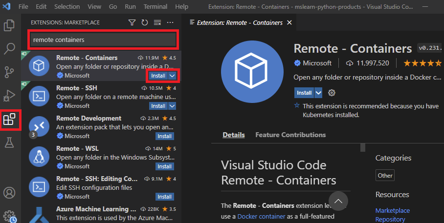Screenshot of the Visual Studio Code extension gallery showing Dev Containers extension.