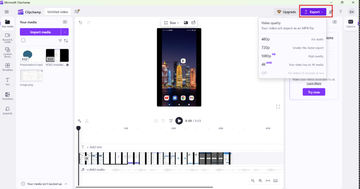 Clipchamp 的螢幕快照,其中顯示導出選項和智慧型手機視訊預覽。