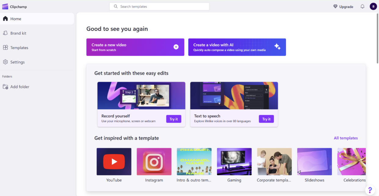 Clipchamp 影片編輯介面的螢幕快照,其中顯示建立影片和範本的選項。
