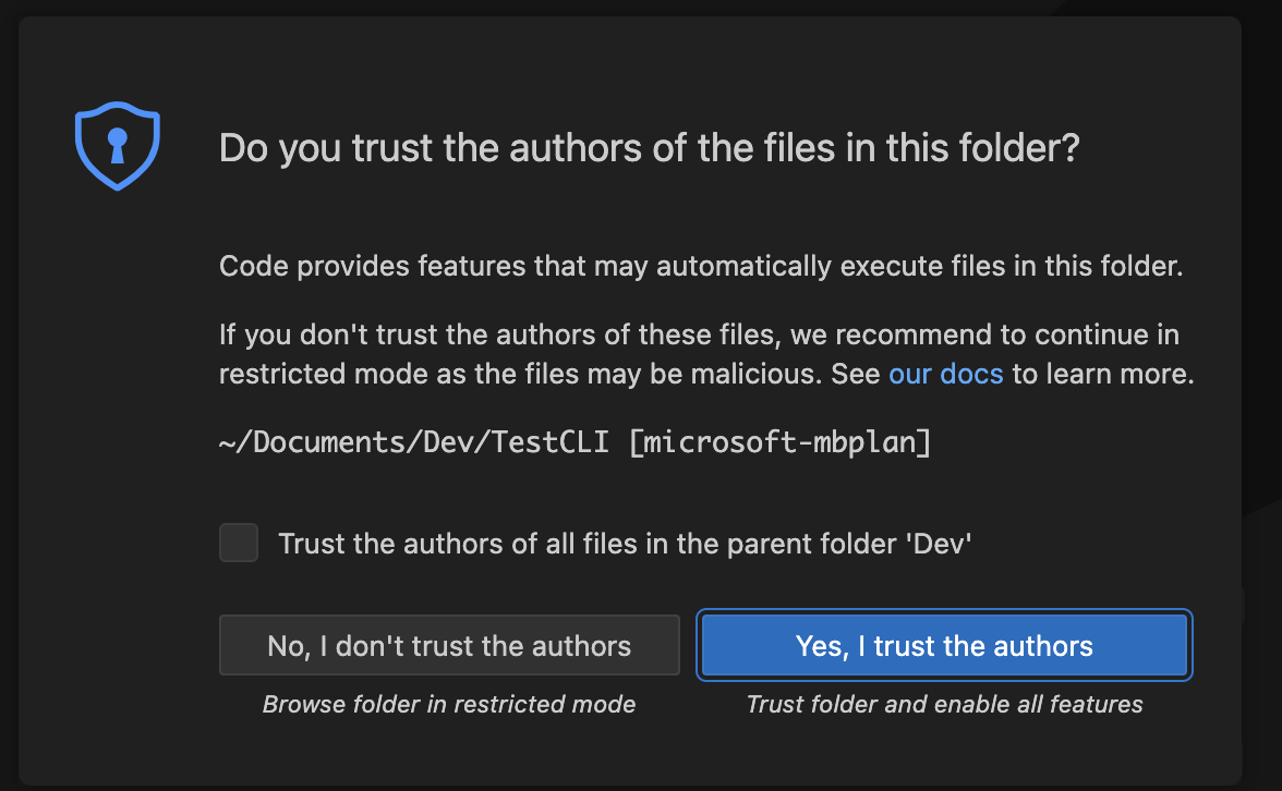 [是的，信任作者] 提示的螢幕擷取畫面。