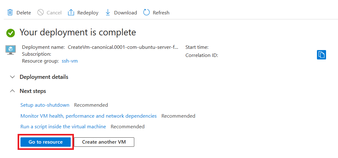 螢幕擷取畫面，其中醒目提示了建立 VM 後的 [移至資源] 動作。